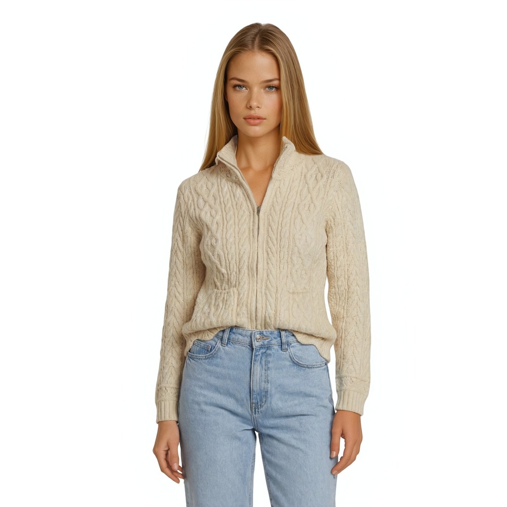 Inis Crafts Women's Cream 100% Merino Wool Cable Zip Sweater Women's Size Medium